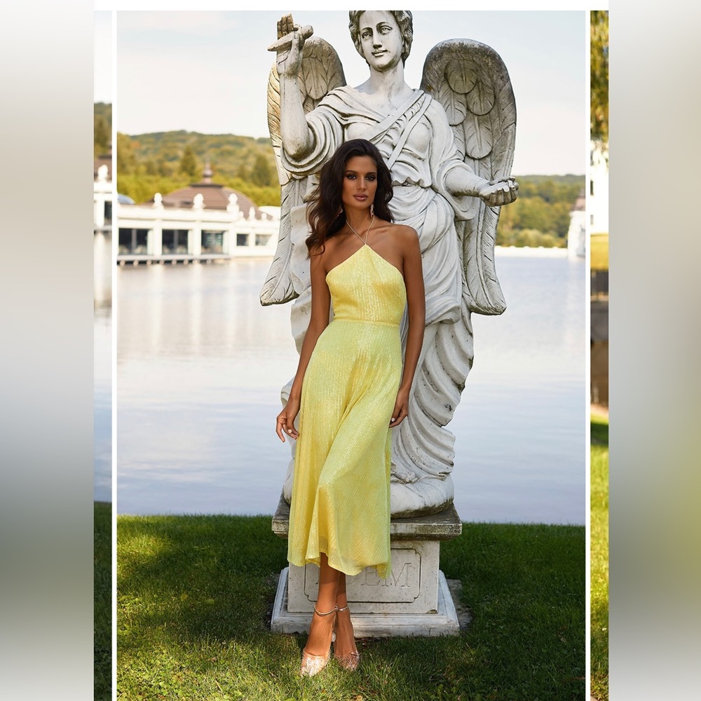 Soft yellow sequin Colette midi dress